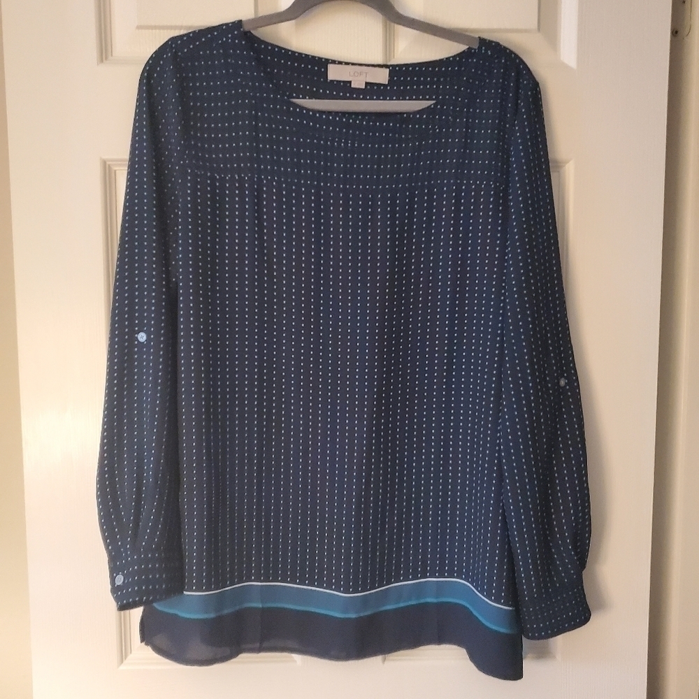 LOFT Scoop Neck Roll Tab Blue Polka Dot Tunic Blouse Sz M